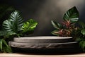 3D podium, stone display set. Jungle, palm leaf Generative AI