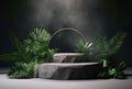 3D podium, stone display set. Jungle, palm leaf Generative AI