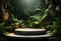 3D podium, stone display set. Jungle, palm leaf Generative AI