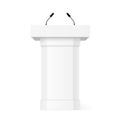 3D Podium tribune with microphones. Realistic vector mockup with shadow. Rostrum stand. White debate podium. Pupitre discours.