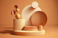 3D podium display on beige with levitation objects. AI generation