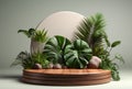 3D podium wood display white background with green monstera palm leaf Generative AI