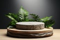 3D podium wood display white background with green monstera palm leaf Generative AI