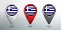 3D Pointer, Tag and Location Marker with Round Flag Nation of Greece White, Red and Grey Glossy Model Royalty Free Stock Photo