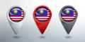 3D Pointer, Tag and Location Marker with Round Flag Nation of Malaysia White, Red and Grey Glossy Model Royalty Free Stock Photo