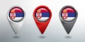 3D Pointer, Tag and Location Marker with Round Flag Nation of Serbia White, Red and Grey Glossy Model Royalty Free Stock Photo