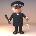3d police officer in uniform on duty holding a pair of handcuffs and a truncheon, 3d illustration Royalty Free Stock Photo
