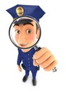 3d policeman looking into a magnifying glass