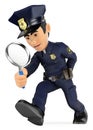 3D Policeman looking with a magnifying glass. Investigation. CSI