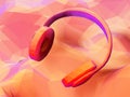 3D polygonal headphones on low poly landscape background. Royalty Free Stock Photo