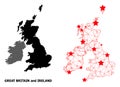 2D Polygonal Map of Great Britain and Ireland with Red Stars