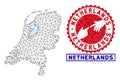 Polygonal Network Netherlands Map and Grunge Stamps