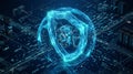 3D polygonal shield protecting floating data core, surrounded by floating binary code and digital particles. Generative AI Royalty Free Stock Photo