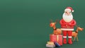 3D Portrait Of Santa Claus Standing With Pair Reindeer, Gift Boxes And Copy Space On Green