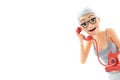 3d portrait senior woman talking on retro phone