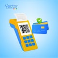 3d Pos terminal device with receipt, credit cards and green checkmark. Design concept for online shopping, electronic