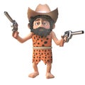 3d prehistoric caveman character wearing a cowboy stetson hat and holding two pistols, 3d illustration