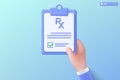 3D prescription RX with pills and capsule on clipboard icon symbol. first aid and health care check, pharmacy, Doctor paper form