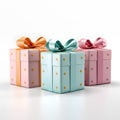 3 gift boxes. Holiday concept. Pastel colors. Three dimensional.