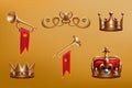 3D prince crown. Royal gold trumpet. Glory king or queen celebration. Monarchy wealth. Kingdom fanfares. Knight heraldic