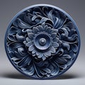 Blue Chinese Carved Wooden Sculpture With Floral Design