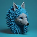 3d Printed Blue Wolf Head Figurine With Feathers And Painted Eyes