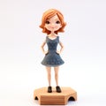 3d Printed Cartoon Female Figurine In Light Navy And Light Brown Dress