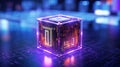 a 3D printed electronic circuit in the form of a cube with neon lights on the top and bottom