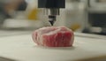 3D Printed Meat Detail of Machine Layering Cells, Close-up, Food Technology and Innovation