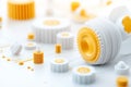 3D printed mechanical gears in white and orange arranged on clean background. Focus on precision engineering with modern Royalty Free Stock Photo