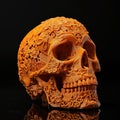 3D printed orange skull with intricate flower detail patterns