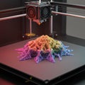 A 3D printer is in action, creating a complex, colorful structure resembling a blooming abstract form.