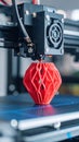 3D printer in action creating a geometric red object, close-up with technological detail. Royalty Free Stock Photo