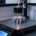 3D printer in action, depositing layers of gray filament to create an intricate, undulating