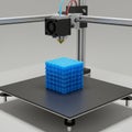 A 3D printer is actively printing a blue cube composed of stacked cylindrical Royalty Free Stock Photo