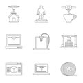 3d printer construct icon set, outline style