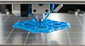 3D Printer Crafting a Blue Geometric Object with Precision Nozzle and Intricate Design Against Silver Background for Royalty Free Stock Photo