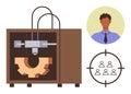 3D Printer Creating Gear With Businessman Profile and Target Group Visualization Royalty Free Stock Photo