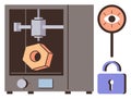 3D Printer Crafting Object with Security Lock and Monitoring Icon Elements Royalty Free Stock Photo