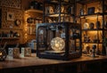 3D Printer Creates a Glass Orb in a Workshop with Shelves of Decor and Warm Lighting Royalty Free Stock Photo