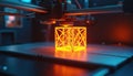 3D printer creates glowing orange geometric shape. Futuristic machine builds object layer by layer. Modern tech creates complex Royalty Free Stock Photo