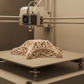A 3D printer creates an intricate, decorative object with swirling patterns. The printer\'s