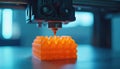 3D printer creates orange honeycomb structure. Additive manufacturing machine builds complex shape layer by layer. Precision Royalty Free Stock Photo