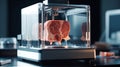 3d printer creates a piece of meat, concept of 3D Printing and Synthetic Meat. Generative ai