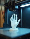 3D printer creates white plastic hand model. Modern 3d-printing tech in laboratory. Prototype manufacturing, science concept. Royalty Free Stock Photo