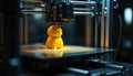 3d printer creates yellow figurine. Machine builds object layer by layer. Modern tech forms custom prototype with plastic Royalty Free Stock Photo