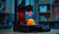3d printer creates yellow plastic prototype in design studio workshop. Machine builds three dimensional model. Modern tech for Royalty Free Stock Photo