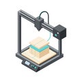 3D printer creating a beige box with blue tape in isometric minimal flat design vector illustration Royalty Free Stock Photo