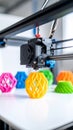 3D printer creating colorful geometric objects on a white surface, close-up view Royalty Free Stock Photo