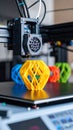 3D printer creating colorful geometric objects in a workshop environment Royalty Free Stock Photo